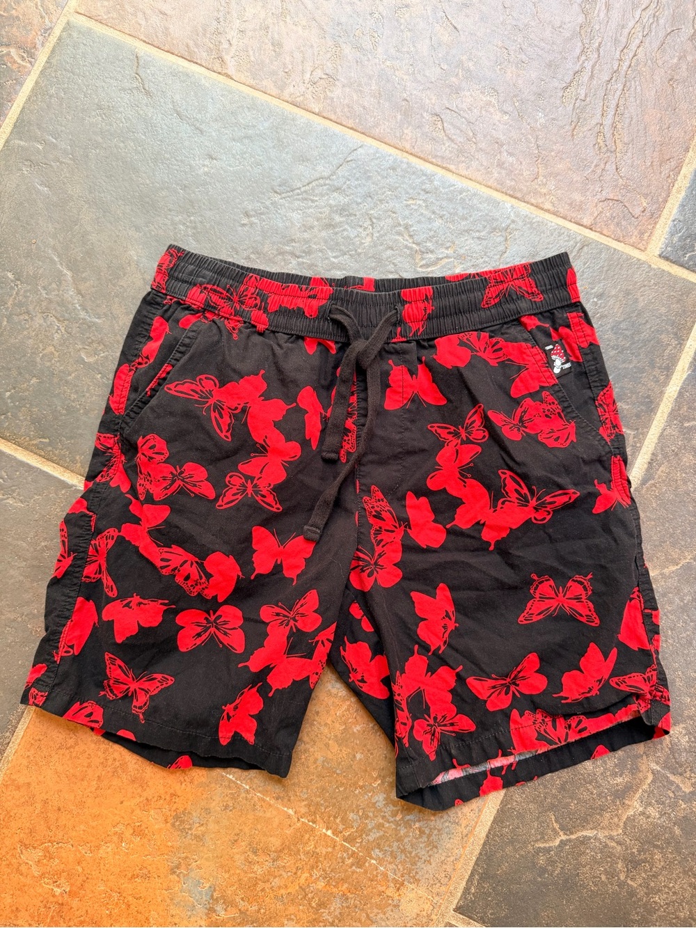 Cactus Man Black Red Butterfly Print Drawstring Casual Shorts